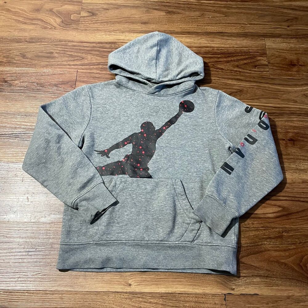 Jordan Hoodie Gray Pullover Jumpman Logo Long Sleeve Sweater Boys Size Medium